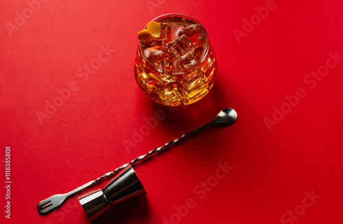 Top angle view of an ice tea with jigger and bar spoon on a red table