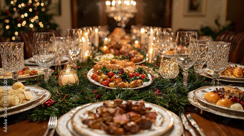 A festive dinner table adorned with candles, crystal glasses, and plates filled with delicious New Year’s Eve dishes. A family raises a toast as they share stories and laughter. The atmosphere A festive dinner table adorned with candles, crystal glasses, and plates filled with delicious New Year’s Eve dishes. A family raises a toast as they share stories and laughter. The atmosphere