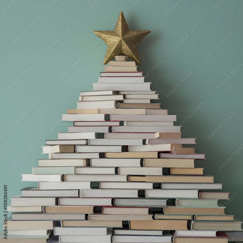 Bookshelves with books in the shape of christmas tree,Romania Bookshelves with books in the shape of christmas tree,Romania