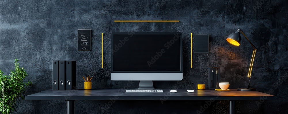 Modern workspace with a computer, desk lamp, and plants. Modern workspace with a computer, desk lamp, and plants.