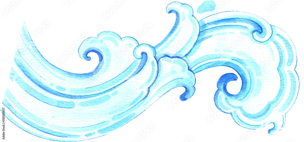 Fototapeta premium Hand-drawn Thai Style Water Wave Design Watercolor