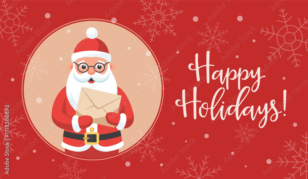 Cute Santa Claus with a letter in his hand on a background of snowflakes. Christmas and New Year greeting card. Flat style illustration. Cute Santa Claus with a letter in his hand on a background of snowflakes. Christmas and New Year greeting card. Flat style illustration.