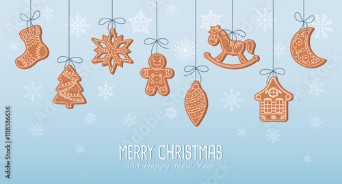 Christmas background with hanging cute gingerbread cookies in snowflakes, greeting card template. Flat style illustration.