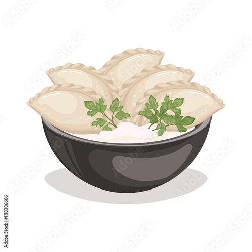 Vareniki with sour cream in a bowl. Food of Russian and Ukrainian cuisine. Illustration