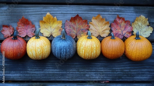 Colorful Autumn Pumpkins and Leaves on Rustic Wooden Surface photo