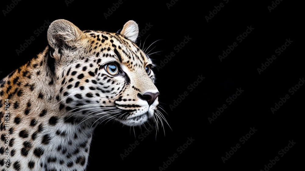 Majestic Leopard Gaze: A captivating close-up of a leopard's profile against a dramatic black backdrop. Its piercing blue eyes and intricate spots command attention. Majestic Leopard Gaze: A captivating close-up of a leopard's profile against a dramatic black backdrop. Its piercing blue eyes and intricate spots command attention.