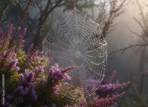 Gentle mist envelops cobweb clinging to heather branches, spider web , gentle, backlit photo