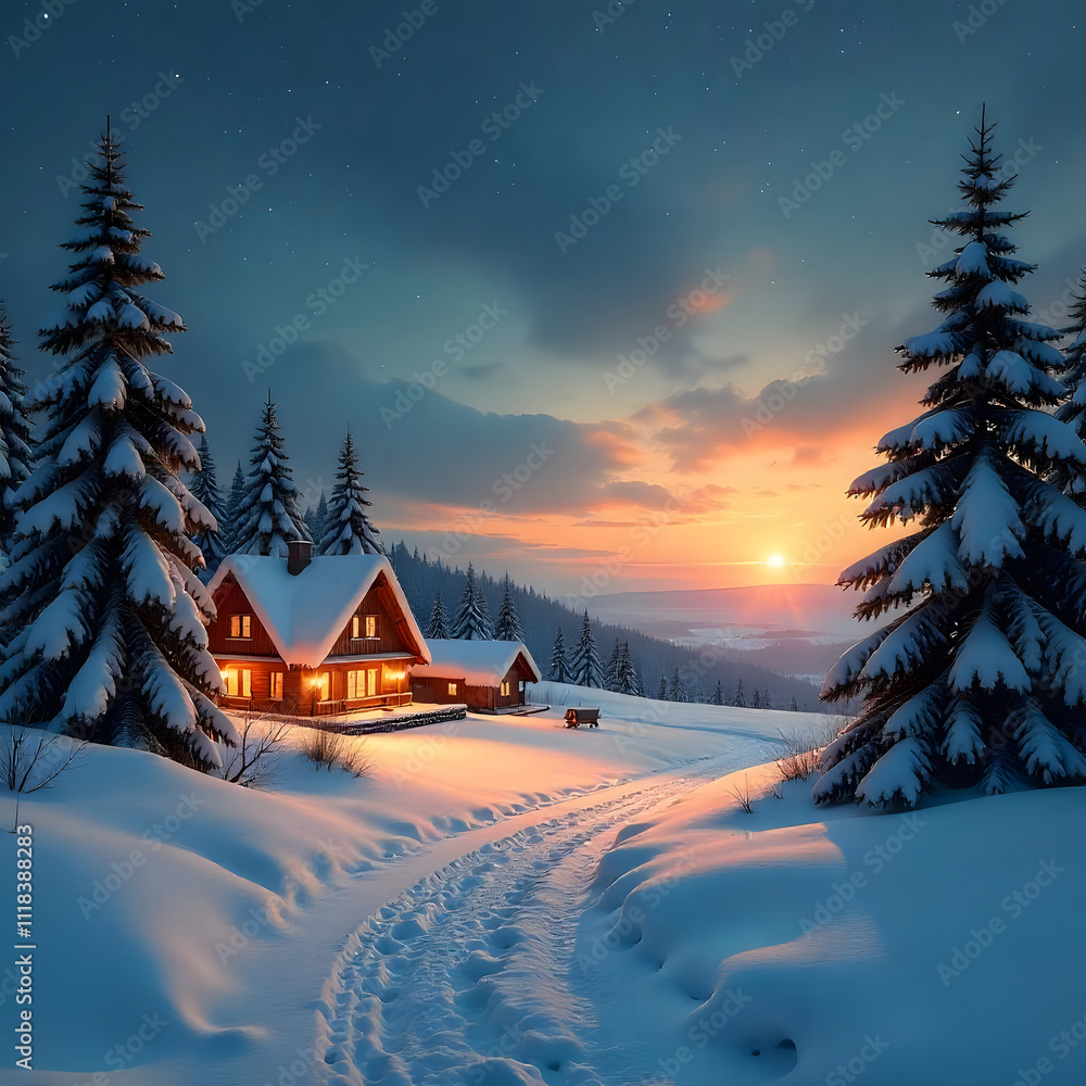 Fototapeta premium winter landscape with house and mountains