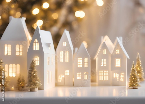 cozy scene of little white houses with warm gold lights glowing softly near a window, creating a peaceful and festive atmosphere, perfect for the holiday