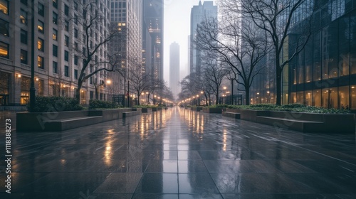 A sleek footpath encased by minimalist urban buildings and barren trees, enveloped in icy stillness.