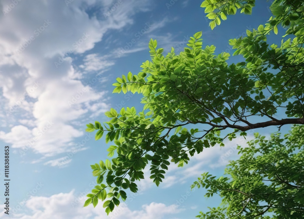 A lone branch with lush green leaves stretching towards the sky, nature, leaf A lone branch with lush green leaves stretching towards the sky, nature, leaf