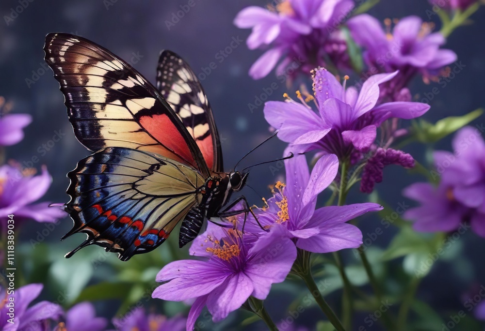 Elegant butterfly resting on a beautiful purple flower with intricate details , ornate details, delicate beauty Elegant butterfly resting on a beautiful purple flower with intricate details , ornate details, delicate beauty