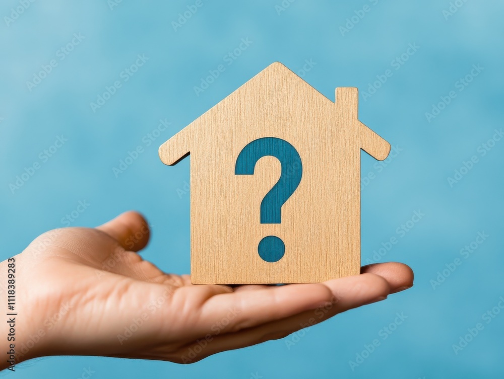 Naklejka premium Hand holding a wooden house symbol with a question mark.