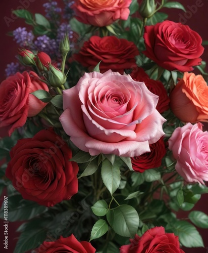 Exquisite bouquet of mixed flowers including a fresh rose on a deep crimson background, flowers, deep crimson, mixed flowers