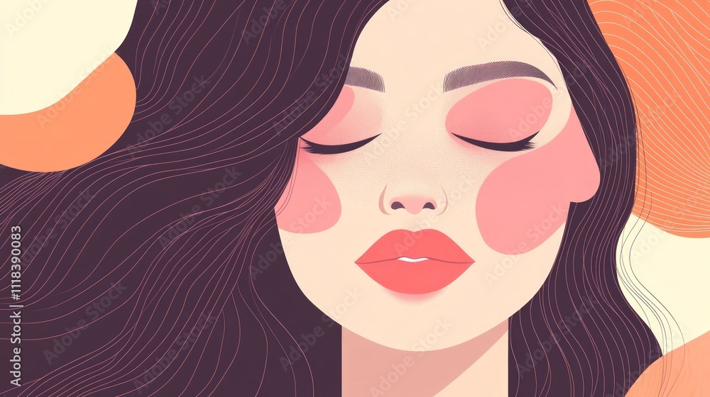 Close-up illustration of a serene woman with eyes closed, featuring flowing dark hair and soft, peachy blush. Close-up illustration of a serene woman with eyes closed, featuring flowing dark hair and soft, peachy blush.