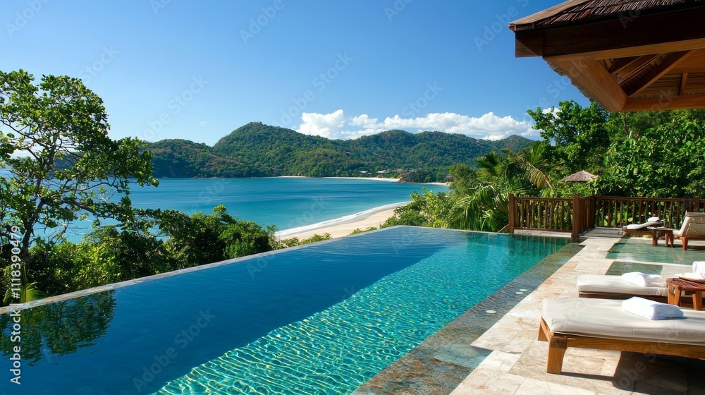 Obraz premium Tranquil Infinity Pool Overlooking Tropical Paradise With Scenic View