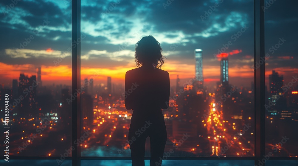 Fototapeta premium Woman silhouetted against a vibrant cityscape at sunset, viewed from a high-rise window.