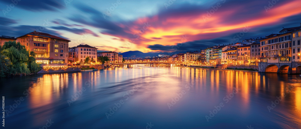 Fototapeta premium Stunning sunset over river with vibrant colors reflecting on water