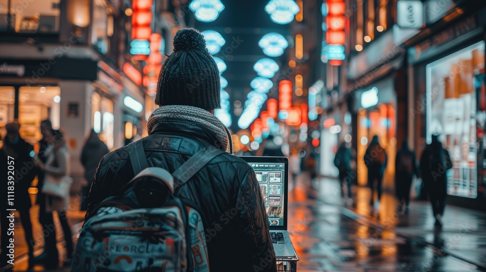 Person with backpack using laptop on a city street at night with festive lights. Person with backpack using laptop on a city street at night with festive lights.