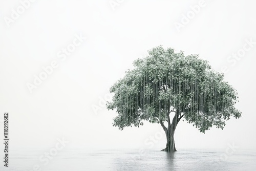 A solitary tree stands in a foggy landscape, symbolizing resilience and tranquility.