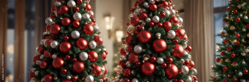 Detailed photo of a tall Christmas tree covered in hundreds of shiny metallic balls and colorful red spherical ornaments , winter, spheres Detailed photo of a tall Christmas tree covered in hundreds of shiny metallic balls and colorful red spherical ornaments , winter, spheres
