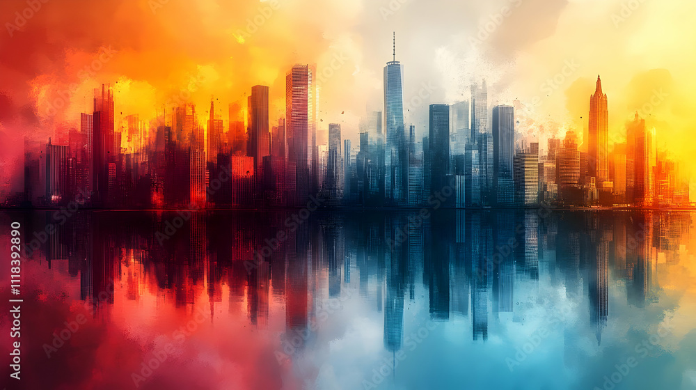 Cityscape Illustration with Red and Blue Skies Cityscape Illustration with Red and Blue Skies