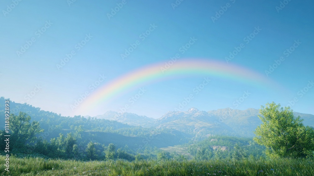 Vibrant rainbow arching over a picturesque mountain landscape on a clear day. Vibrant rainbow arching over a picturesque mountain landscape on a clear day.