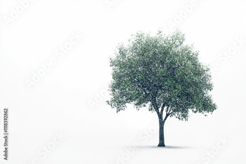 A solitary tree stands against a minimalistic white background, symbolizing tranquility.