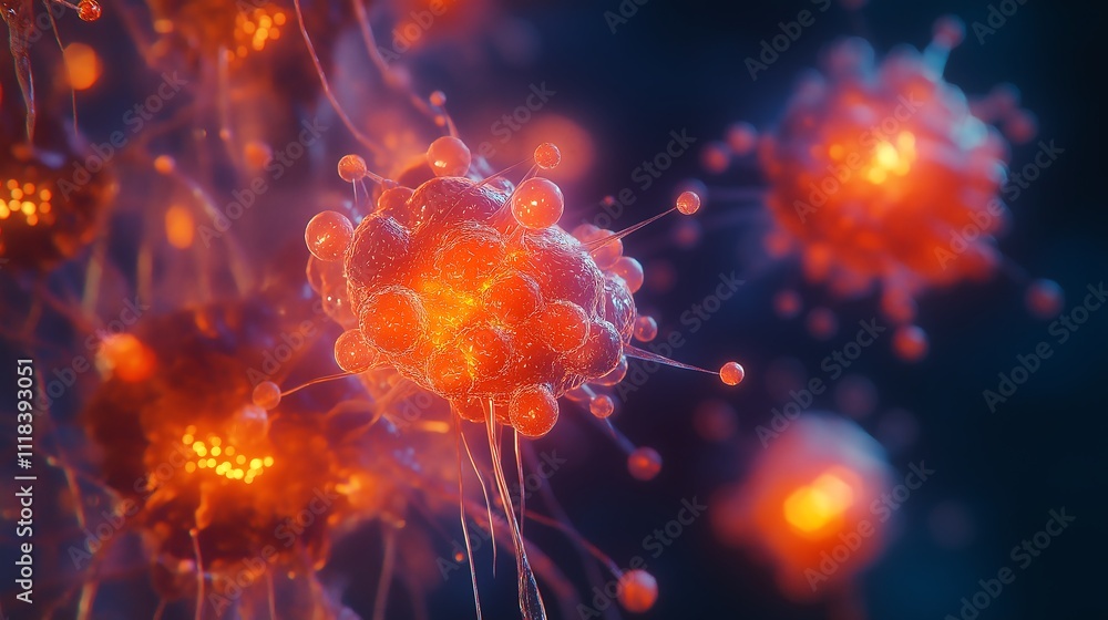 Microscopic close-up of human cells reacting to experimental drug compounds, highlighting molecular interactions with glowing particles in a futuristic lab setting. Microscopic close-up of human cells reacting to experimental drug compounds, highlighting molecular interactions with glowing particles in a futuristic lab setting.