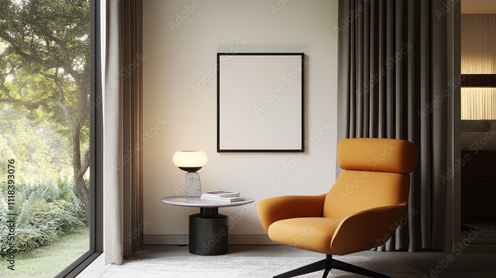 Modern Living Room Corner With Orange Chair And Blank Frame Modern Living Room Corner With Orange Chair And Blank Frame