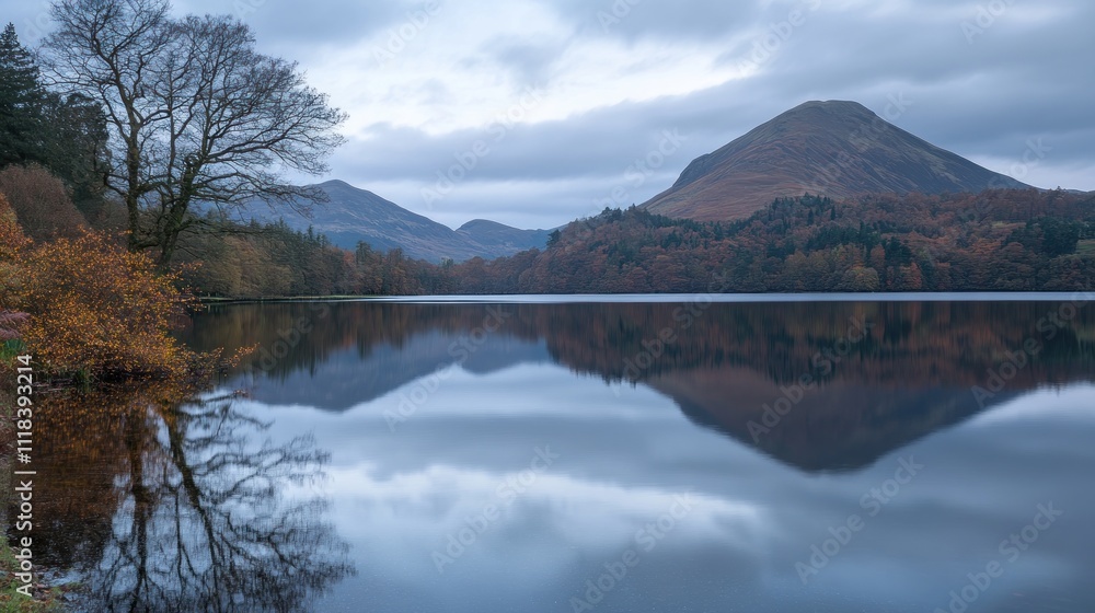 Calm Lake Reflecting Autumnal Mountains and Trees Calm Lake Reflecting Autumnal Mountains and Trees