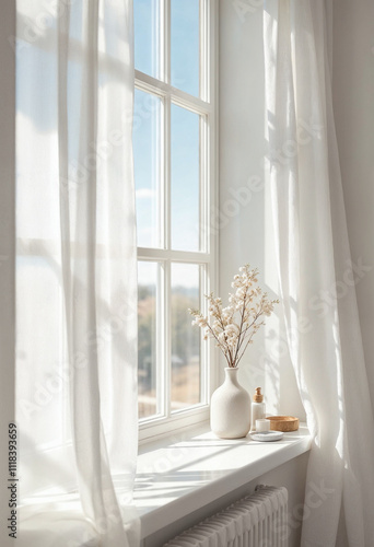 bright and airy room with a large window overlooking a cloudy sky window is framed by white curtains