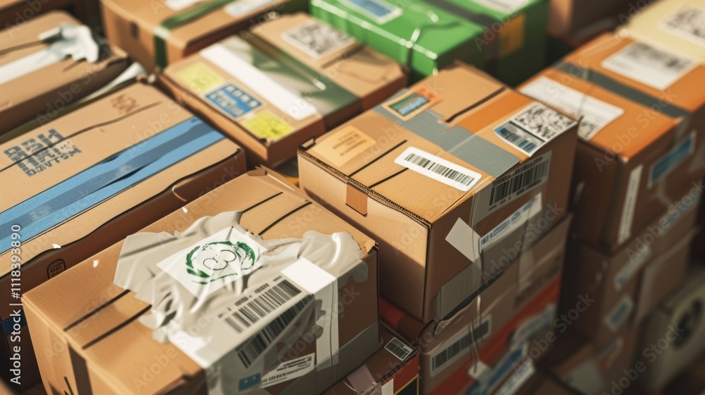 Cardboard boxes with barcodes and shipping labels stacked in a warehouse, representing efficient logistics and distribution for online retail and global commerce Cardboard boxes with barcodes and shipping labels stacked in a warehouse, representing efficient logistics and distribution for online retail and global commerce