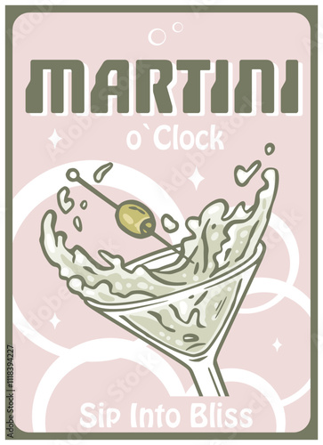 Vintage inspired poster design featuring a martini glass overflowing with a splashing cocktail, garnished with an olive, perfect for adding a touch of retro charm to any bar or lounge setting