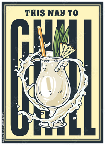 Creamy pina colada cocktail splashing from a hurricane glass, beautifully adorned with a vibrant pineapple wedge, evokes a retro poster vibe inviting relaxation and fun