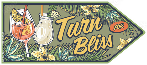 Summer sign featuring vibrant tropical cocktails, colorful flowers, and lush palm leaves, radiating bliss and inviting a sense of relaxation and enjoyment in a paradise setting