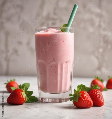 Glass of creamy strawberry milkshake with fresh strawberries and mint leaves on the side, refreshing drink, fresh strawberries