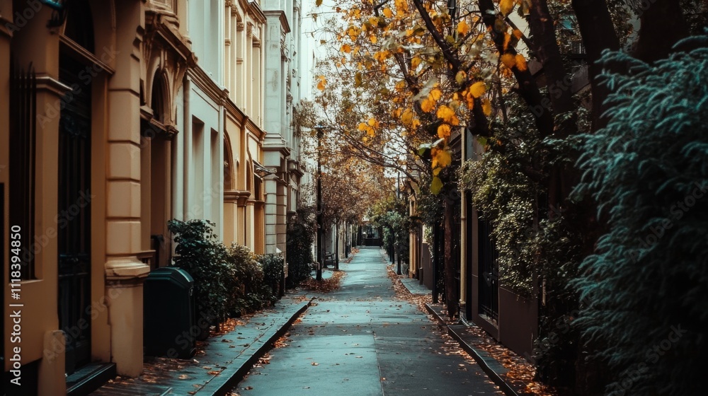 Fototapeta premium An empty footpath with neat rows of urban buildings and scattered greenery, enveloped in a crisp, cold atmosphere.