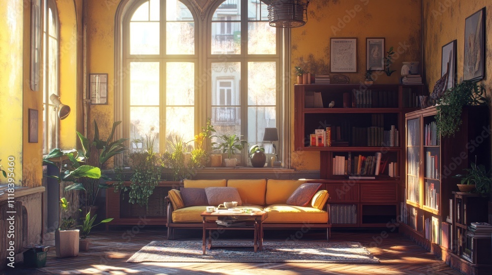 Sunlit Living Room With Bookshelves And Plants Sunlit Living Room With Bookshelves And Plants