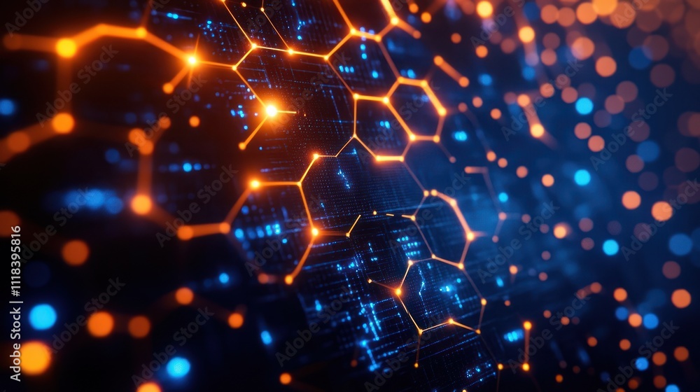 Abstract digital network with glowing hexagons and nodes. Abstract digital network with glowing hexagons and nodes.