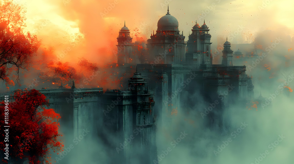 Fototapeta premium Fantasy Cityscape Illustration with Towers and Red Trees