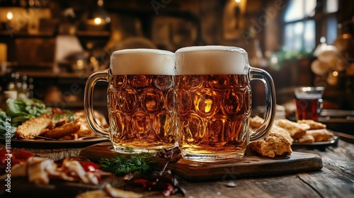 Beer mugs. Two beer mugs surrounded by appetizing pub food in a rustic restaurant