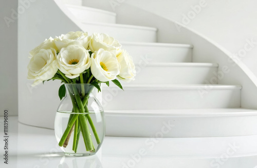 a bouquet of white ranunculi in a transparent vase on the floor against the background of a large white staircase. A series of bouquets of different colors in a basket and in a vase. photo