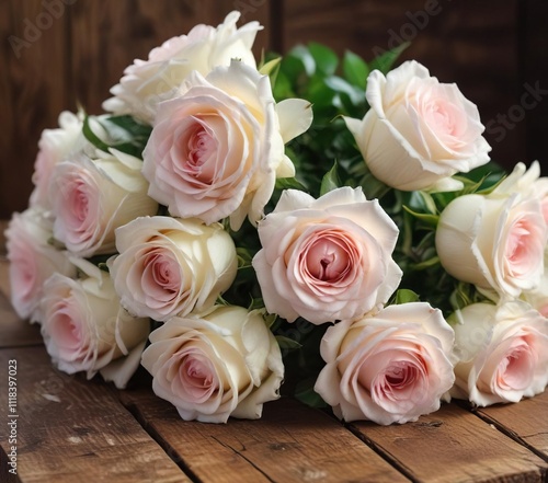 A bouquet of creamy white roses with a subtle pink tint, placed on a worn, antique wooden table , white roses, distressed finish, creamy roses photo