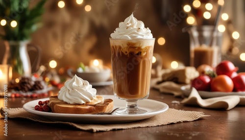 A glass of iced coffee with whipped cream floating in the liquid on a decorated holiday table, frozen coffee, home bar, refreshment