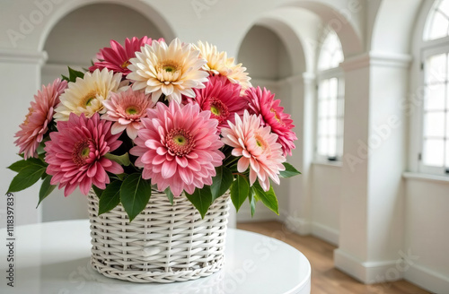 a large bouquet of chrysanthemums in a wicker white basket, on a blurred background of white arches with columns, foreshortening from the top. A series of bouquets . photo