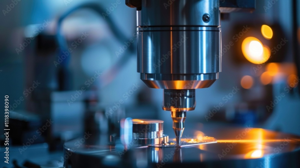 Innovative industrial machine performing a precise operation on a small metal component in a factory setting, showcasing advanced manufacturing technology and automation Innovative industrial machine performing a precise operation on a small metal component in a factory setting, showcasing advanced manufacturing technology and automation