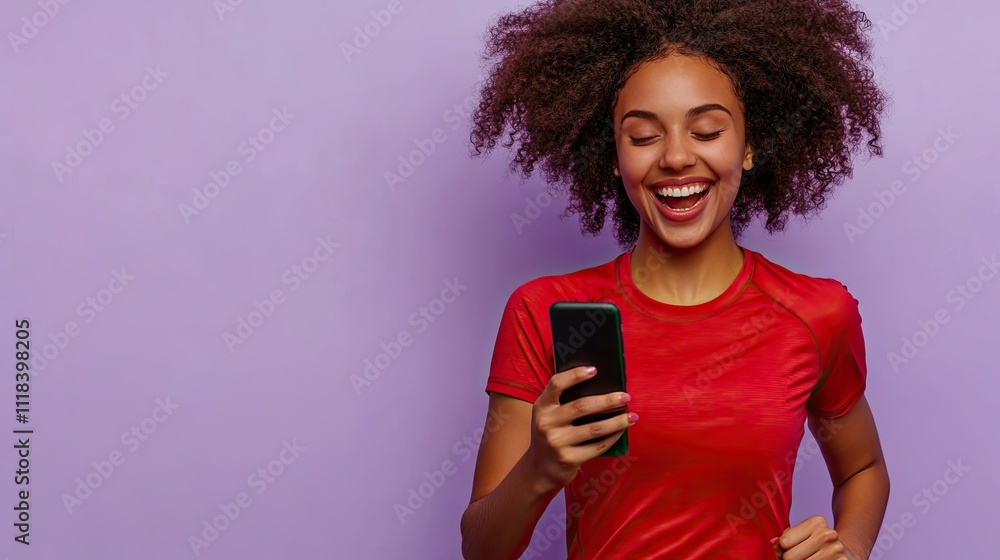 Photo of a delighted lady assistant dressed in a red shirt, laughing as she holds a phone while running on a treadmill indoors against a light purple background Photo of a delighted lady assistant dressed in a red shirt, laughing as she holds a phone while running on a treadmill indoors against a light purple background