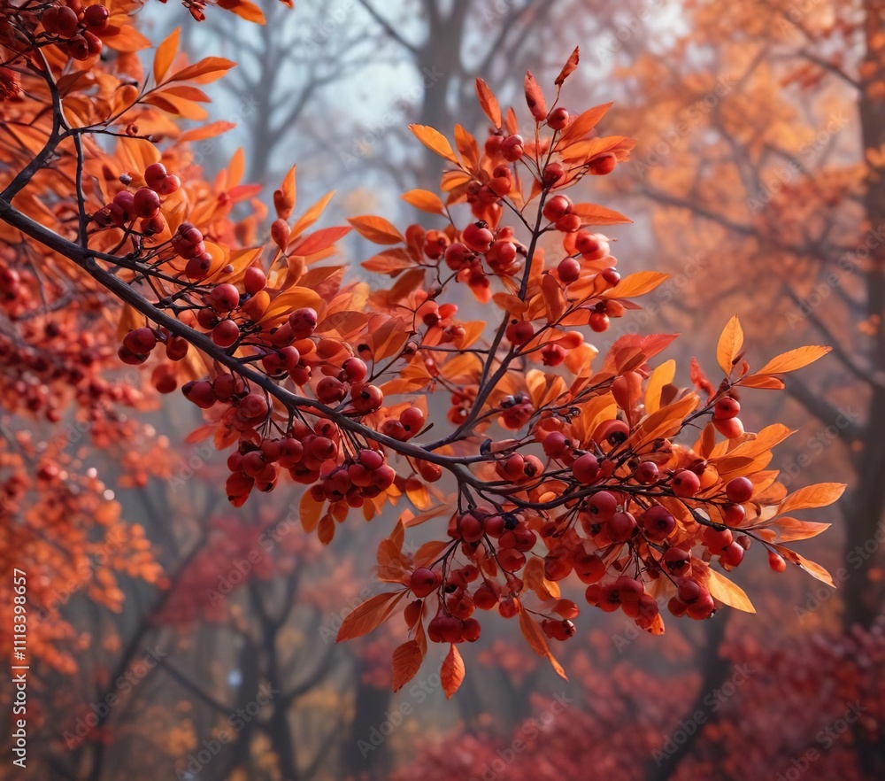 Chokeberry branches among vibrant autumnal foliage, outdoor scenery, deciduous trees, chokeberry Chokeberry branches among vibrant autumnal foliage, outdoor scenery, deciduous trees, chokeberry