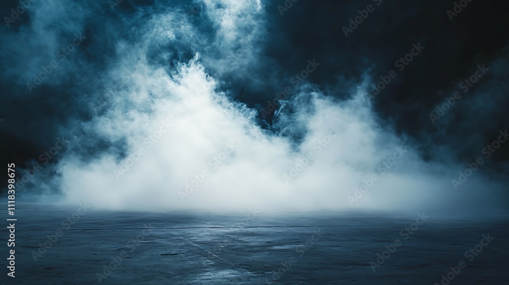 Moody Dark Blue Fog and Mysterious Concrete Floor Background Moody Dark Blue Fog and Mysterious Concrete Floor Background